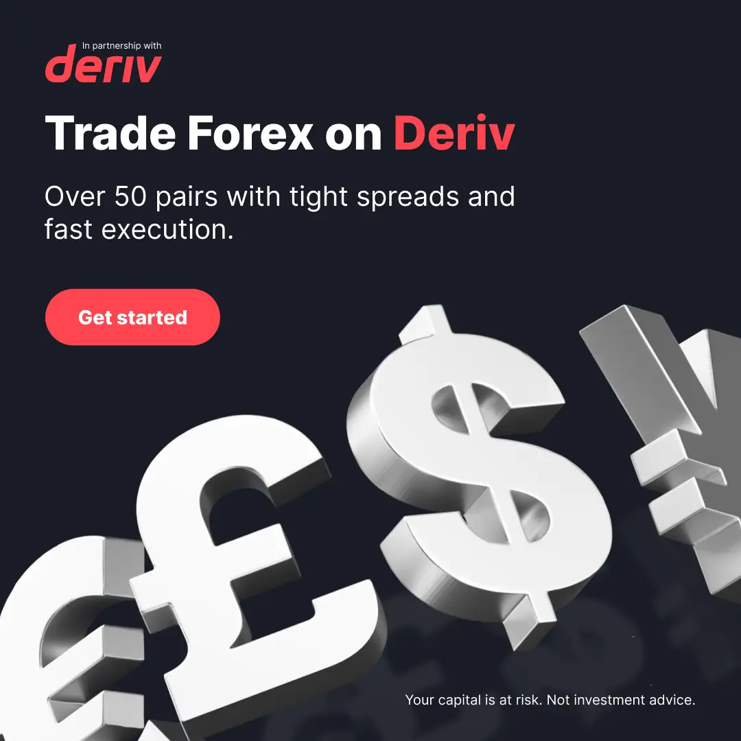 Deriv trading platform showing forex and synthetic indices markets on mobile and desktop